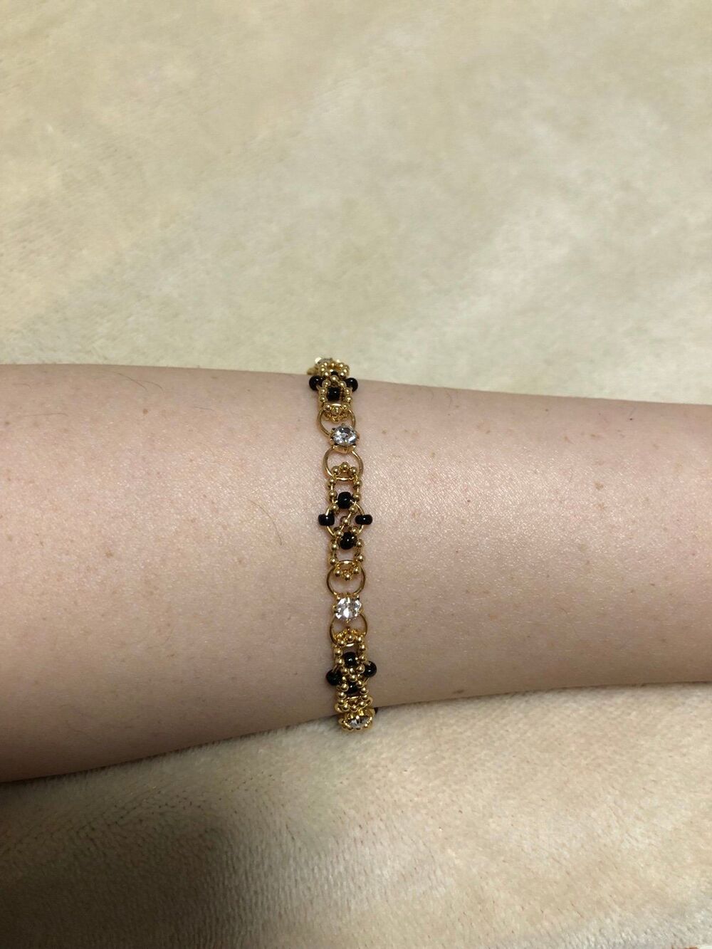 Black Beads & Rhinestones Gold-Tone Bracelet 7”